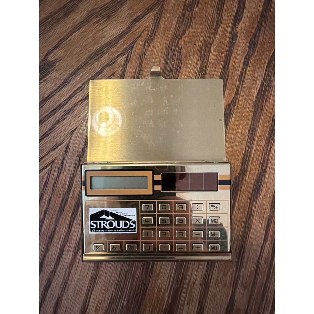 Vintage Strouds Linen Warehouse Gold Tone Solar Pocket Calculator Flip Case 80s